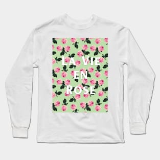 La Vie En Rose - scattered pink vintage roses on green, pink tee Long Sleeve T-Shirt